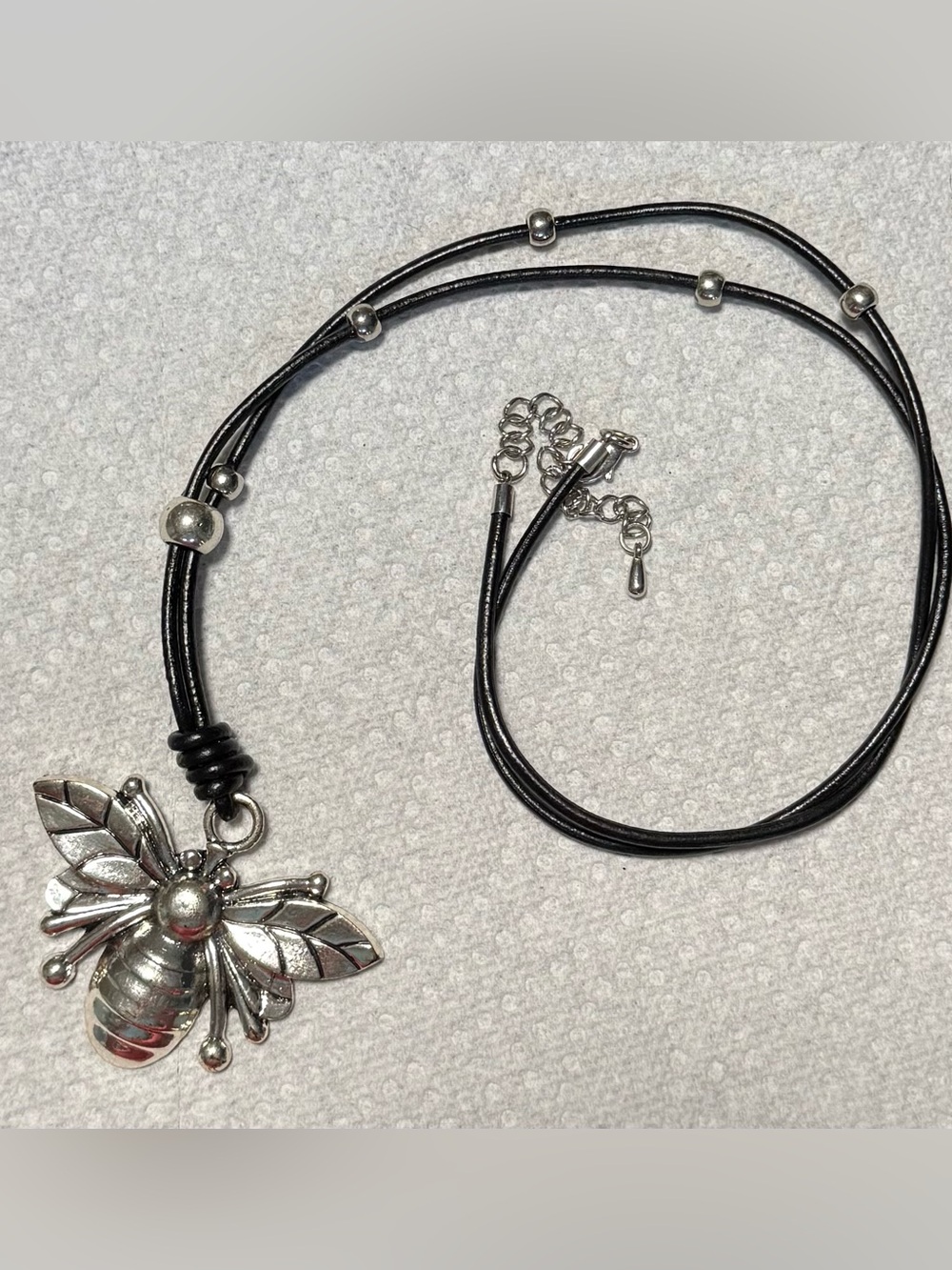 Silver Bee Pendant Black Cord Necklace